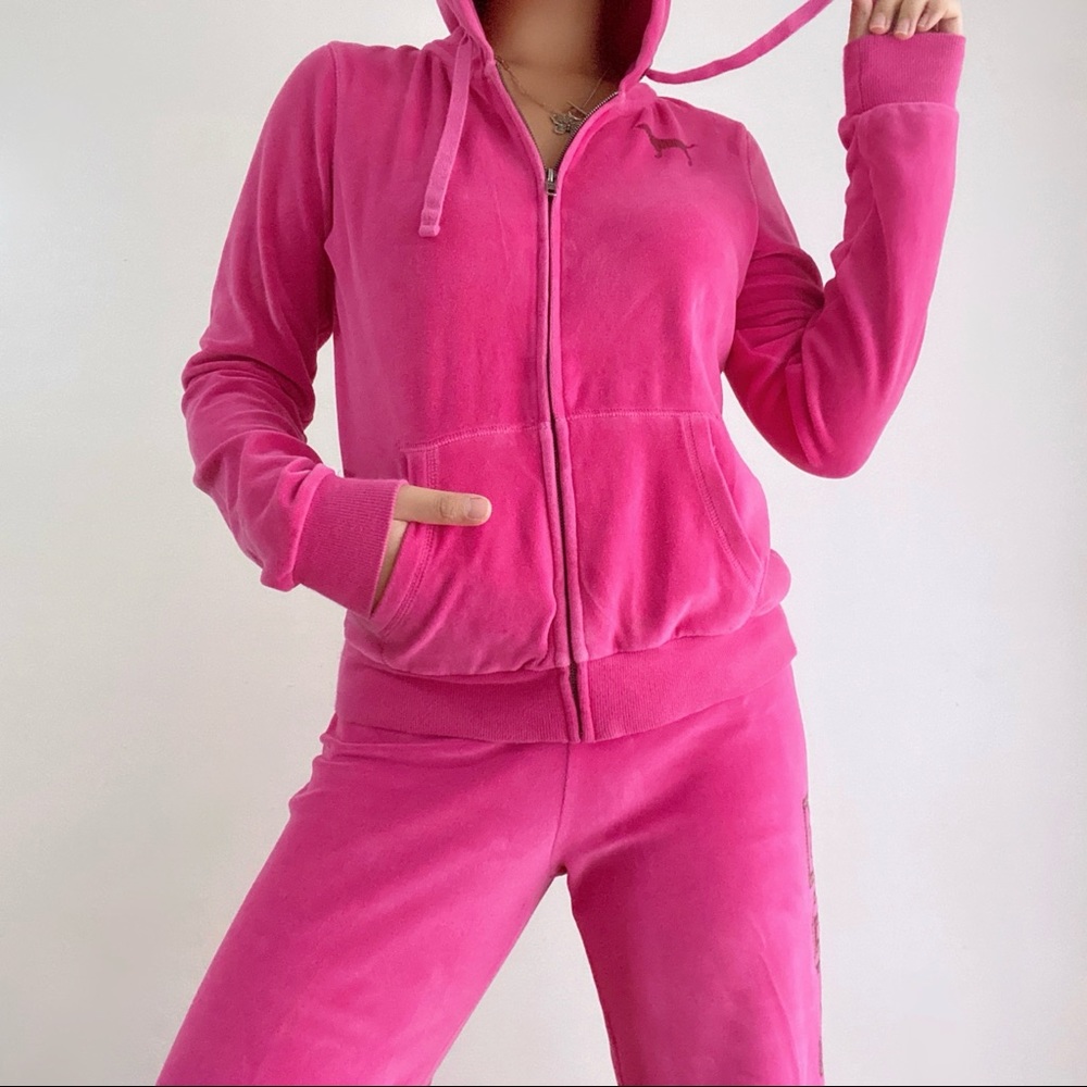 Hot Pink Velour Tracksuit Sweatsuit Two Piece